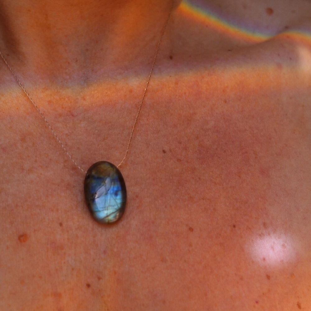 Large High Flash Labradorite Oval Pendant on Silk Cord